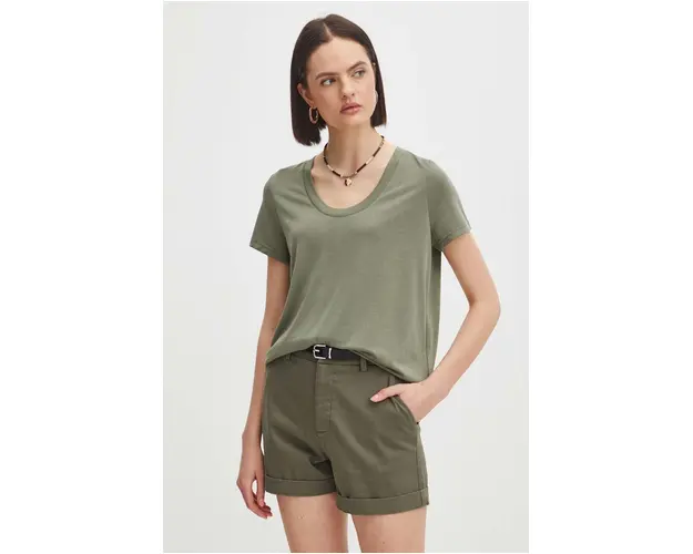 Medicine pantaloni scurti femei, culoarea verde, neted, medium waist