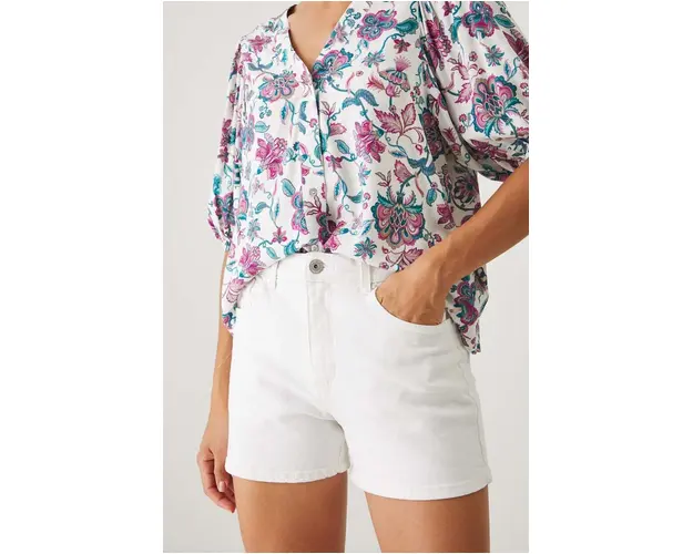 Medicine pantaloni scurti jeans femei, culoarea alb, neted, high waist