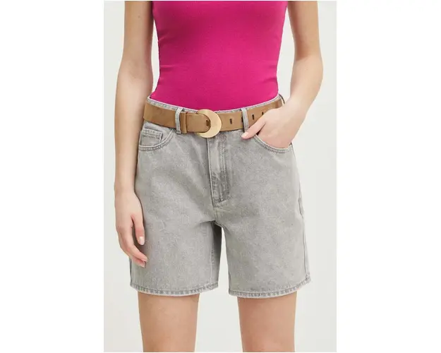 Medicine pantaloni scurti jeans femei, culoarea gri, neted, medium waist