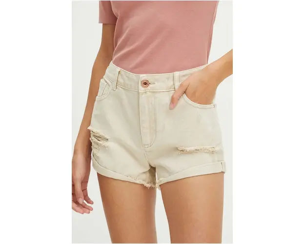 Medicine pantaloni scurti jeans femei, culoarea bej, neted, high waist