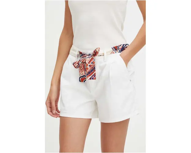 Medicine pantaloni scurti jeans femei, culoarea alb, neted, medium waist