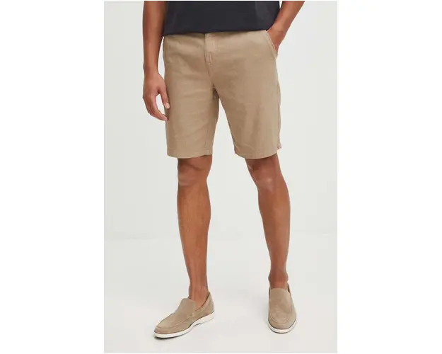 Medicine pantaloni scurti din amestec de in barbati, culoarea maro, melanj