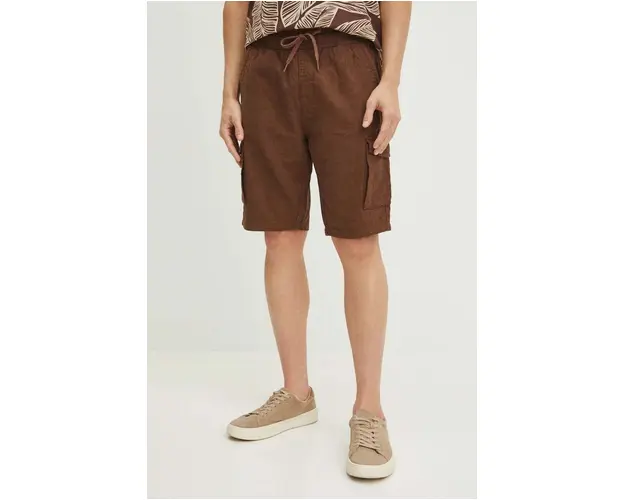 Medicine pantaloni scurti din amestec de in barbati, culoarea maro, melanj