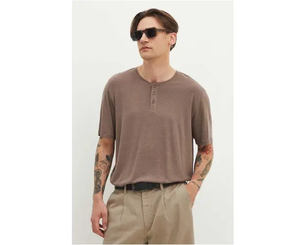 Medicine tricou de in barbati, culoarea maro, neted