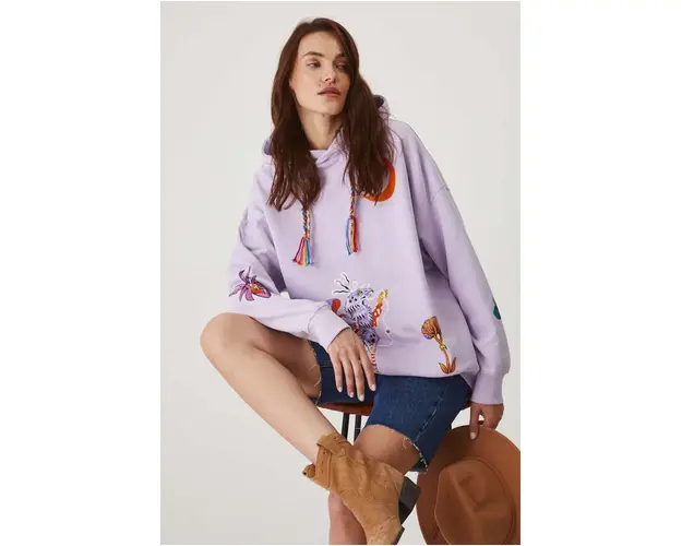 Medicine bluza femei, culoarea violet, cu gluga, cu imprimeu
