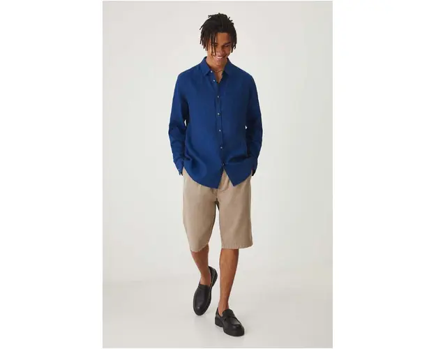 Medicine camasa de in barbati, culoarea bleumarin, cu guler clasic, regular