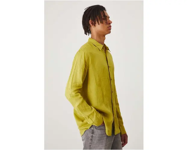 Medicine camasa de in barbati, culoarea verde, cu guler clasic, regular