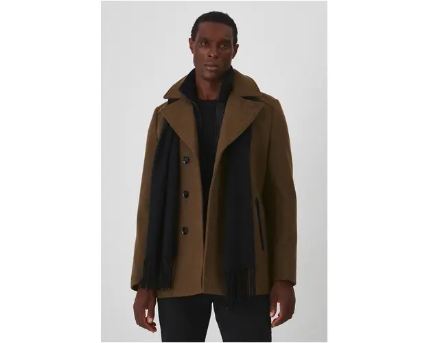 Medicine palton de lana barbati, culoarea bej, de tranzitie, cu doua randuri de nasturi