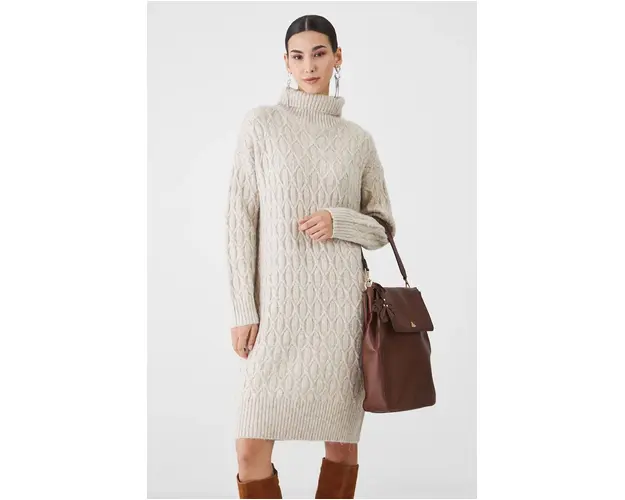 Medicine rochie din amestec de lana culoarea bej, midi, drept