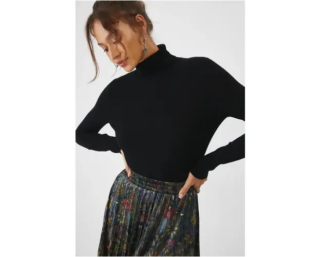 Medicine pulover din lana merino culoarea negru, light, cu guler