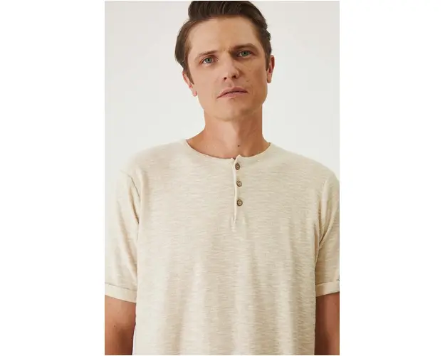 Medicine tricou din amestec de in barbati, culoarea bej, neted