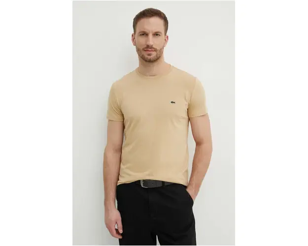 Lacoste tricou din bumbac culoarea bej, neted