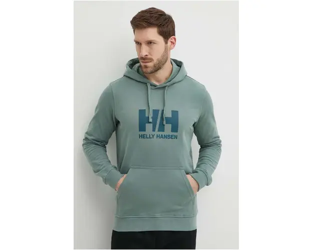 Helly Hansen hanorac de bumbac HH LOGO HOODIE barbati, culoarea verde, cu gluga, cu imprimeu 33977