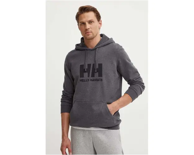 Helly Hansen hanorac de bumbac HH LOGO HOODIE barbati, culoarea gri, cu gluga, cu imprimeu 33977
