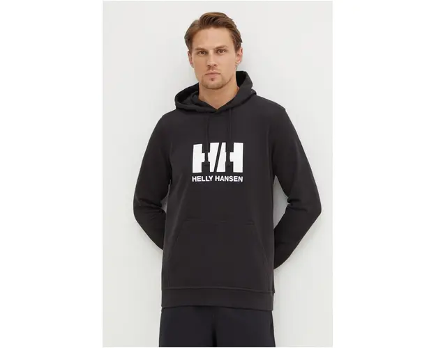 Helly Hansen hanorac de bumbac HH LOGO HOODIE barbati, culoarea negru, cu gluga, cu imprimeu 33977