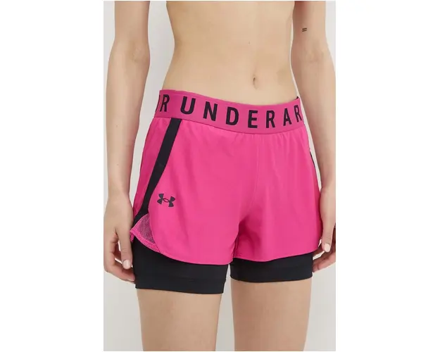 Under Armour pantaloni scurti de antrenament femei, culoarea roz, cu imprimeu, high waist