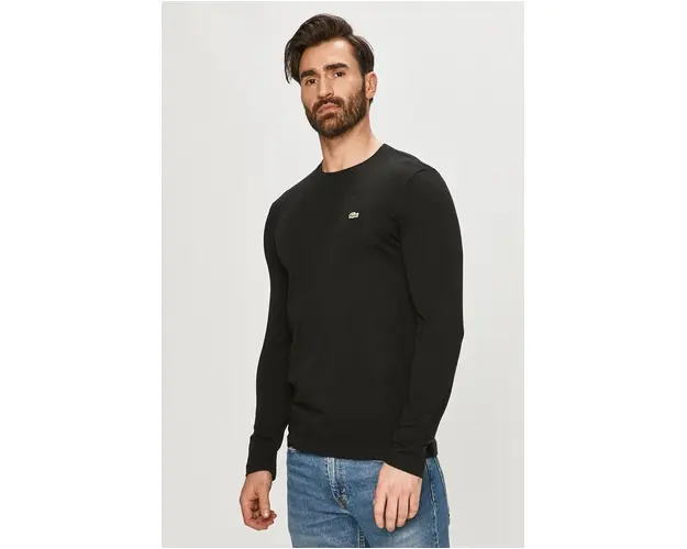 Lacoste longsleeve din bumbac culoarea negru, material uni TH2040-031
