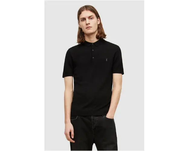 AllSaints Tricou Polo barbati, culoarea negru, material neted