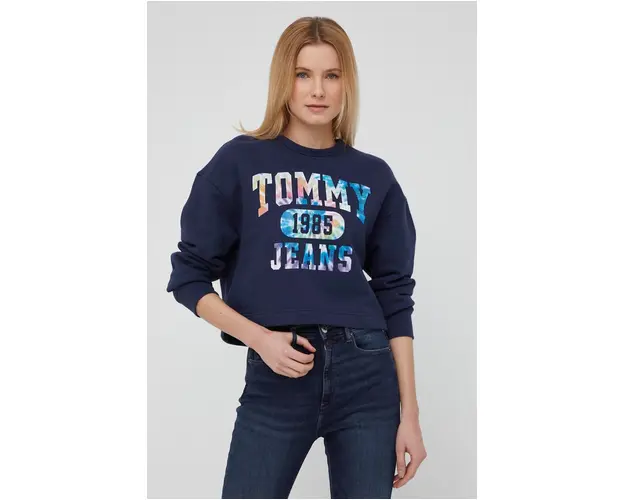 Tommy Jeans hanorac de bumbac femei, culoarea albastru marin, cu imprimeu