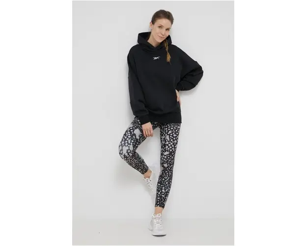 Reebok bluza trening Studio Recycled femei, culoarea negru, cu gluga, neted