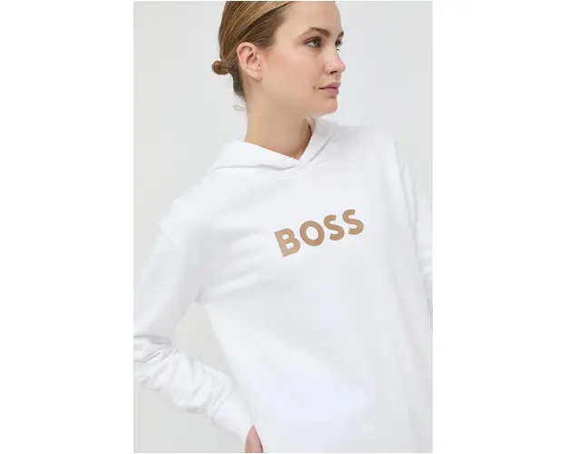 BOSS hanorac de bumbac femei, culoarea alb, cu gluga, imprimeu 50468367