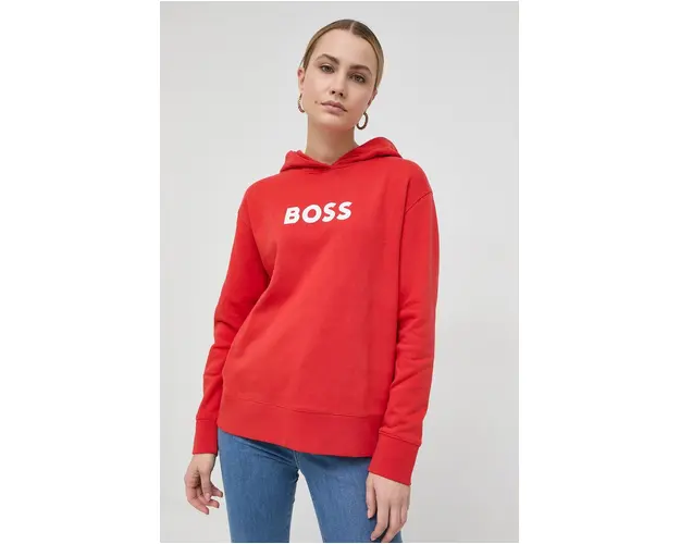 BOSS hanorac de bumbac femei, culoarea rosu, cu gluga, imprimeu 50468367