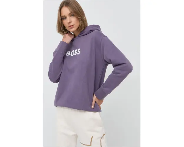 BOSS hanorac de bumbac femei, culoarea violet, cu gluga, imprimeu 50468367