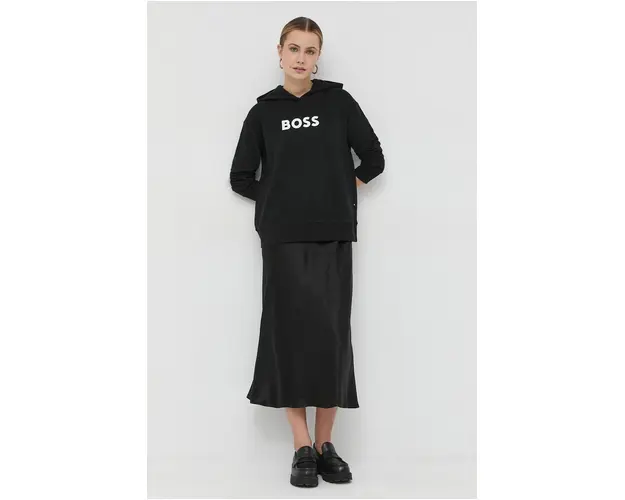 BOSS hanorac de bumbac femei, culoarea negru, cu gluga, imprimeu 50468367