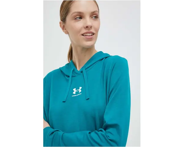 Under Armour bluza femei, culoarea verde, cu gluga, neted