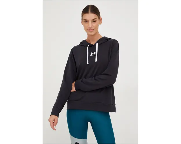 Under Armour bluza femei, culoarea negru, cu gluga, cu imprimeu