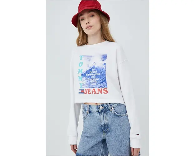 Tommy Jeans bluza femei, culoarea alb, cu imprimeu