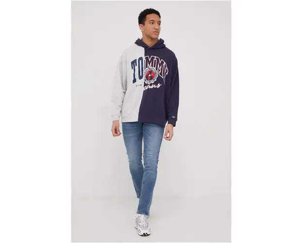 Tommy Jeans hanorac de bumbac barbati, culoarea albastru marin, melanj