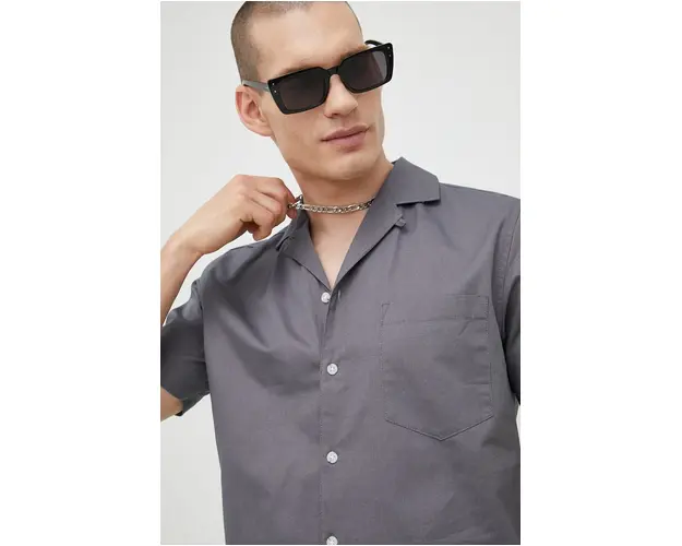 Solid camasa din bumbac barbati, culoarea gri, regular