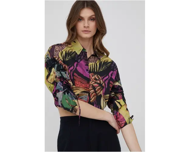 Desigual camasa din bumbac femei, culoarea negru, cu guler clasic, regular