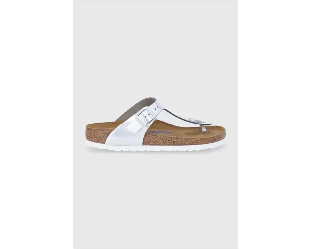 Birkenstock slapi de piele Gizeh femei, culoarea argintiu, cu toc plat, 1003675