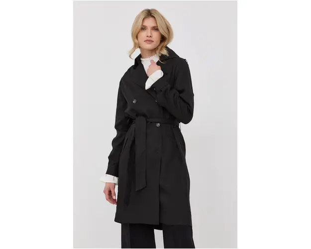 The Kooples trenci femei, culoarea negru, de tranzitie, cu doua randuri de nasturi