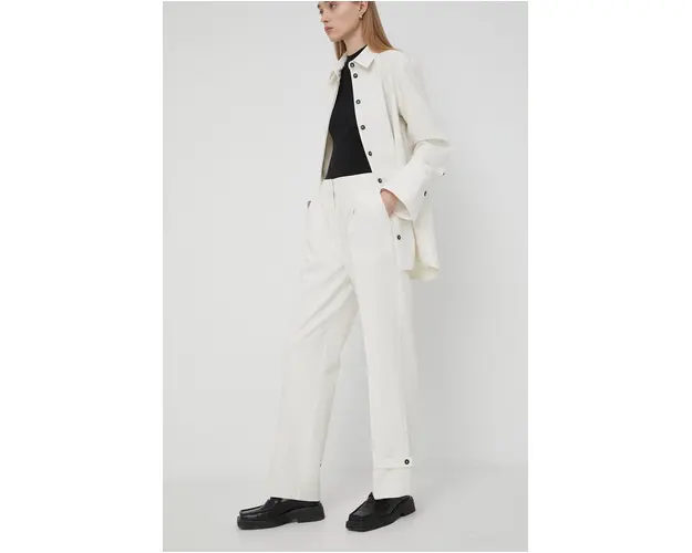 Herskind pantaloni femei, culoarea bej, lat, high waist