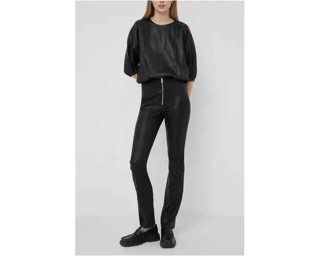 Notes du Nord pantaloni de piele femei, culoarea negru, evazati, high waist