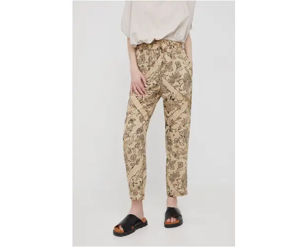 Sisley pantaloni femei, culoarea bej, drept, high waist