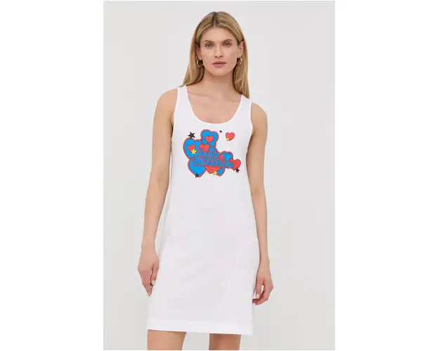 Love Moschino rochie din bumbac culoarea alb, mini, drept