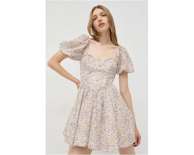 Bardot rochie din bumbac culoarea violet, mini, evazati