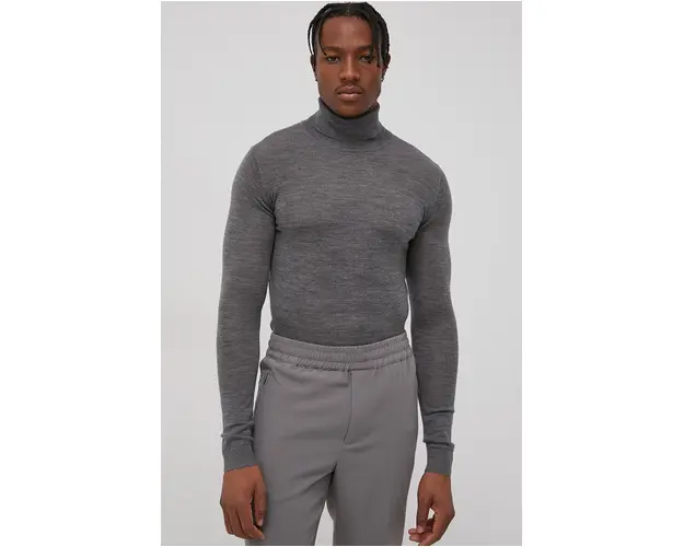 Bruuns Bazaar Pulover de lana Charles barbati, culoarea gri, light, cu guler