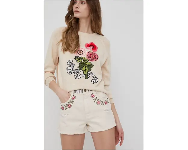 Desigual pantaloni scurti jeans femei, culoarea bej, cu imprimeu, high waist