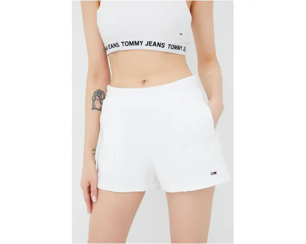 Tommy Jeans pantaloni scurti din bumbac femei, culoarea alb, neted, high waist