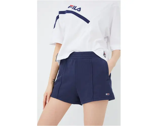 Tommy Jeans pantaloni scurti din bumbac femei, culoarea albastru marin, neted, high waist