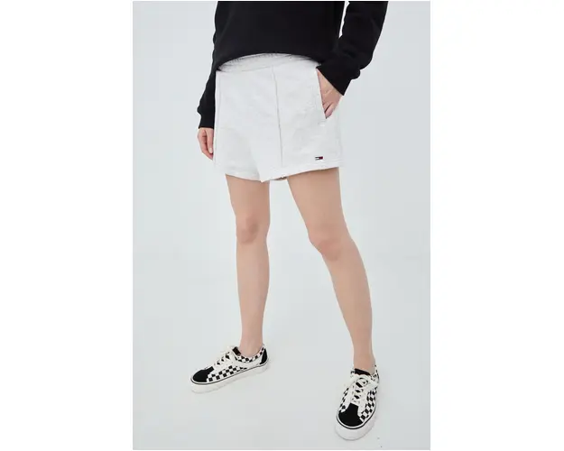 Tommy Jeans pantaloni scurti din bumbac femei, culoarea gri, neted, high waist