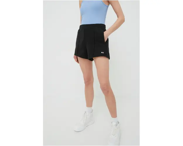 Tommy Jeans pantaloni scurti din bumbac femei, culoarea negru, neted, high waist