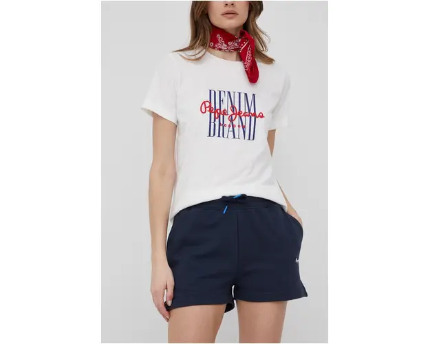 Pepe Jeans pantaloni scurti din bumbac Calista Short femei, culoarea albastru marin, neted, medium waist