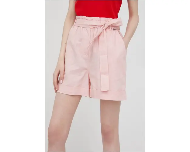 Pepe Jeans pantaloni scurti din amestec de in Muriel femei, culoarea roz, neted, high waist