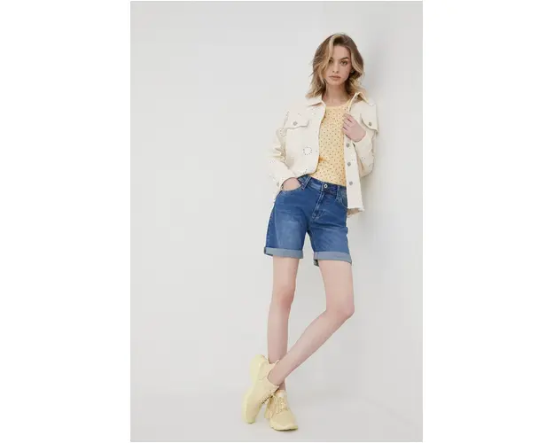 Pepe Jeans pantaloni scurti jeans Poppy femei, culoarea albastru marin, neted, medium waist